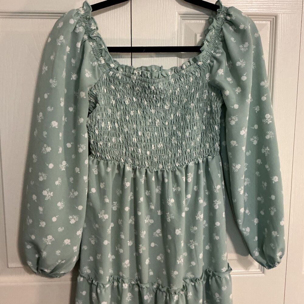 ❤️ As U Wish Women Green floral Dress smocked long sleeve mini Size Small - Picture 3 of 10